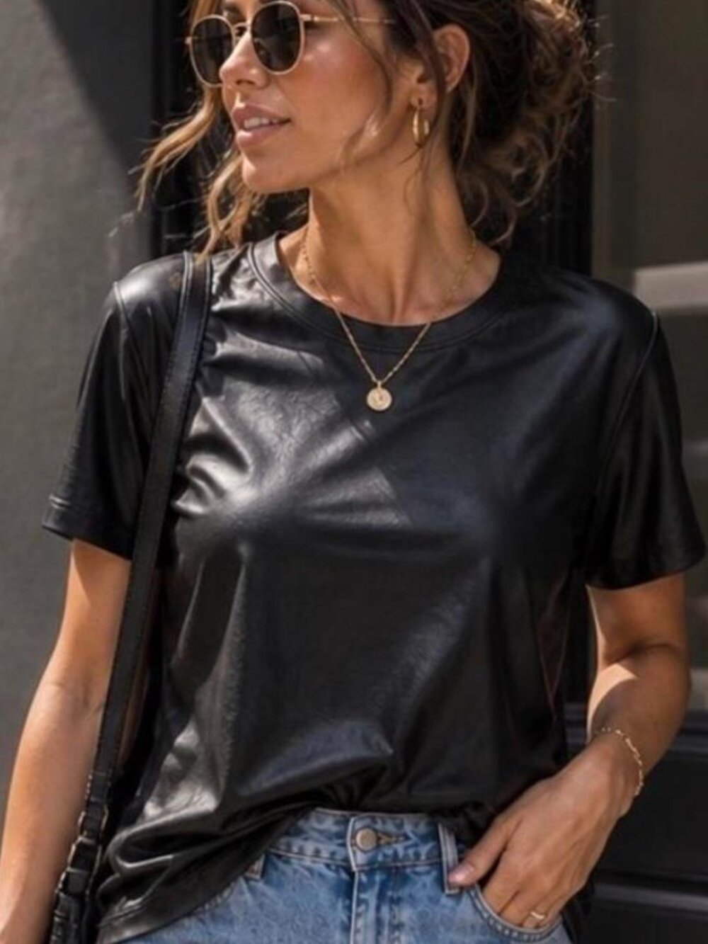 Good American Black Faux Leather Short Sleeve Top - Picture 2 of 4
